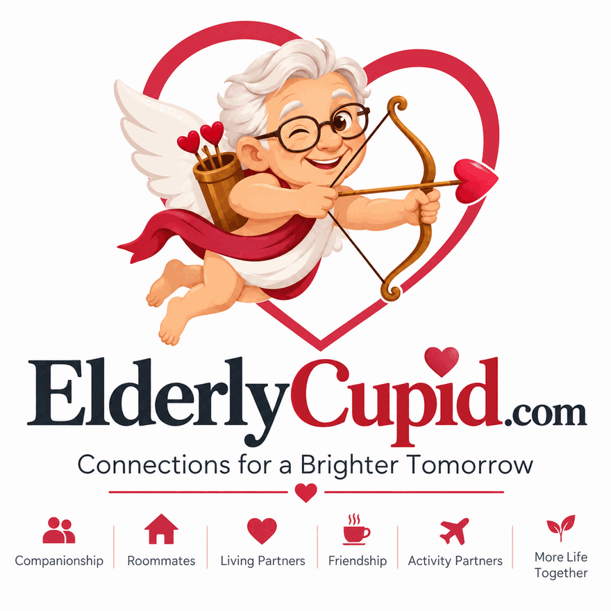 ElderlyCupid.com — an older cupid with a bow, surrounded by a heart